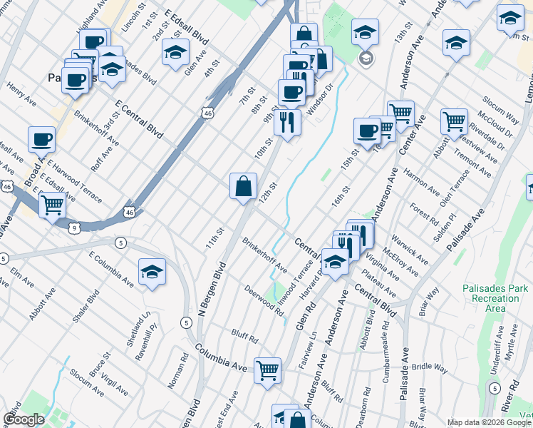 map of restaurants, bars, coffee shops, grocery stores, and more near 437 East Central Boulevard in Palisades Park