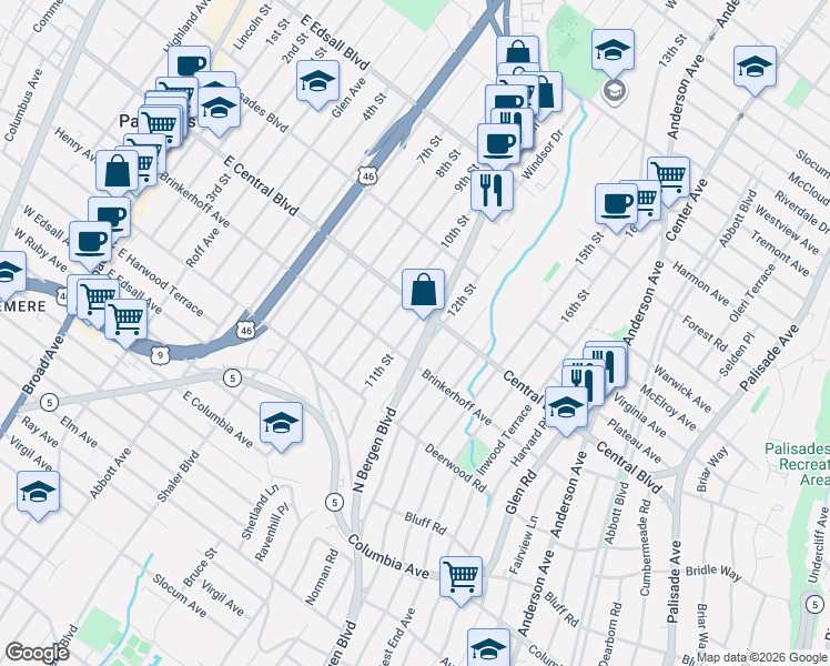 map of restaurants, bars, coffee shops, grocery stores, and more near 257 11th Street in Palisades Park