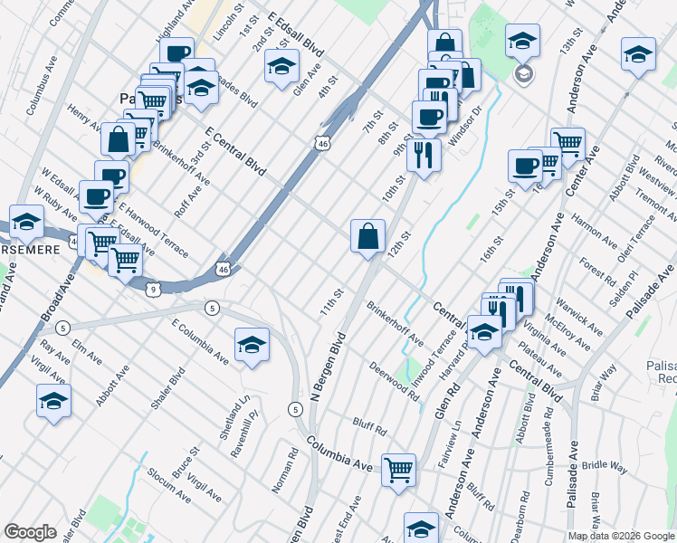 map of restaurants, bars, coffee shops, grocery stores, and more near 257 11th Street in Palisades Park
