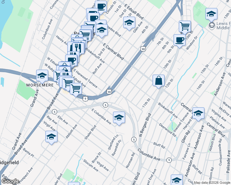 map of restaurants, bars, coffee shops, grocery stores, and more near 231 East Homestead Avenue in Palisades Park