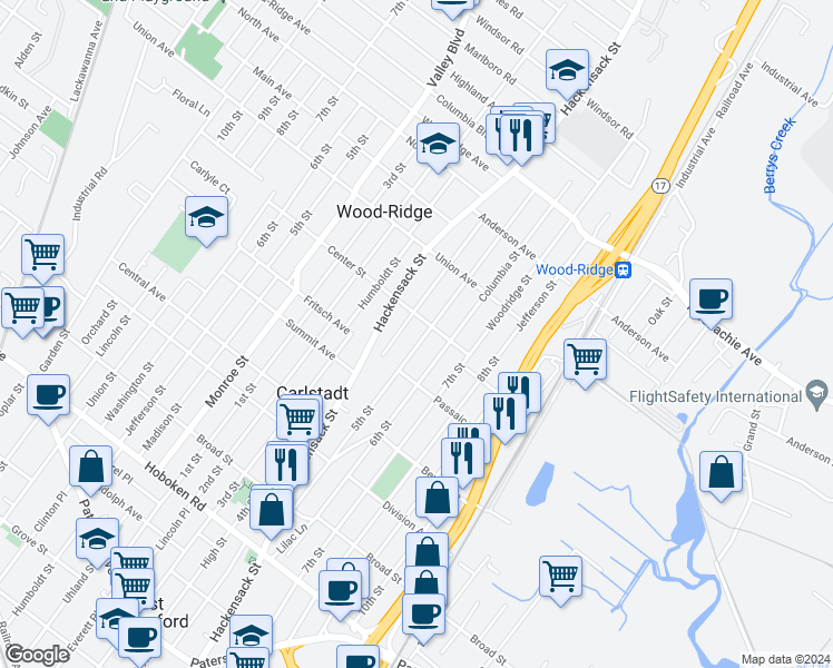 map of restaurants, bars, coffee shops, grocery stores, and more near 730 5th Street in Carlstadt