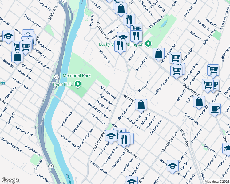 map of restaurants, bars, coffee shops, grocery stores, and more near 20 Monona Avenue in Rutherford