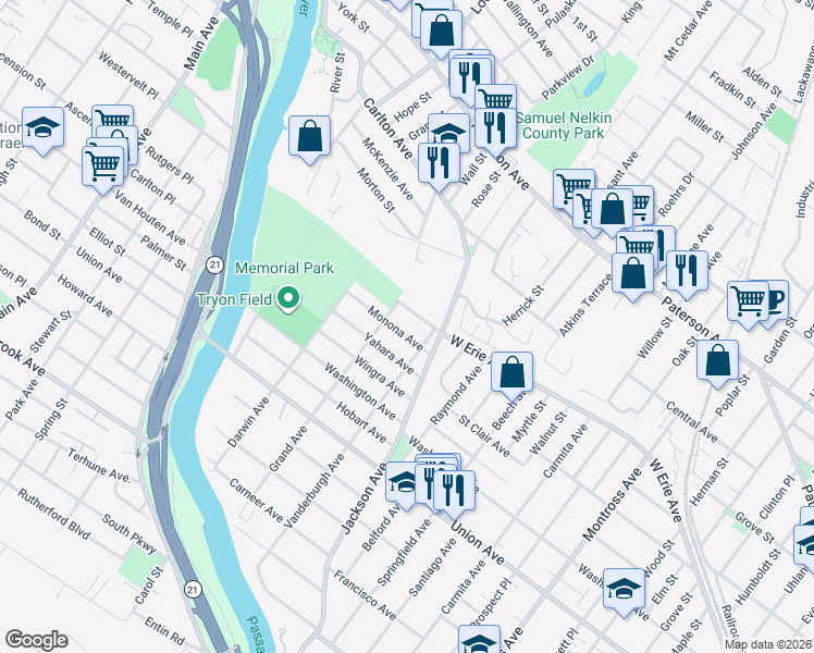 map of restaurants, bars, coffee shops, grocery stores, and more near 20 Monona Avenue in Rutherford