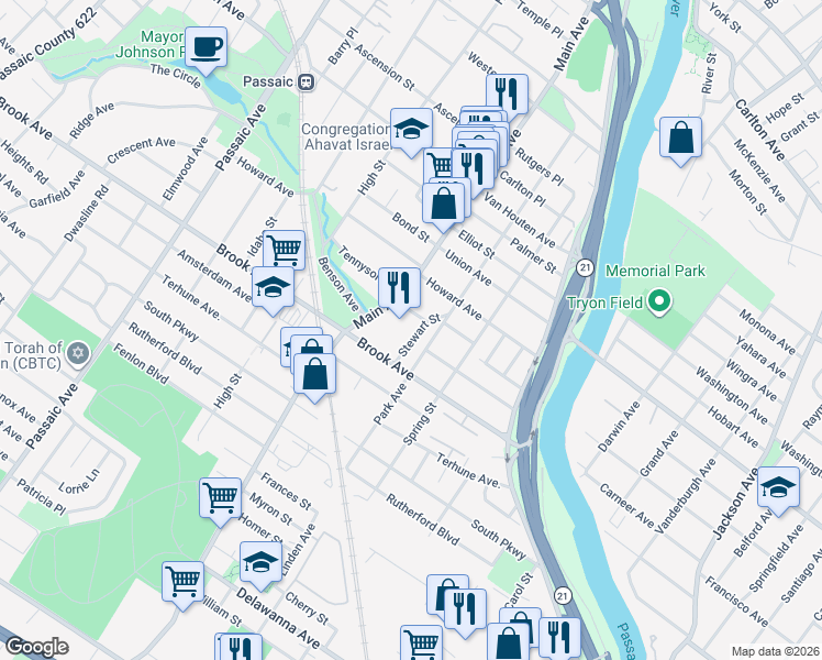 map of restaurants, bars, coffee shops, grocery stores, and more near 34 Stewart Street in Passaic