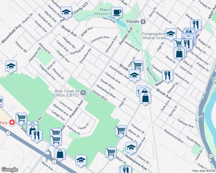 map of restaurants, bars, coffee shops, grocery stores, and more near 395 South Parkway in Clifton