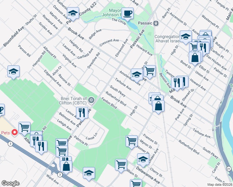 map of restaurants, bars, coffee shops, grocery stores, and more near 395 South Parkway in Clifton