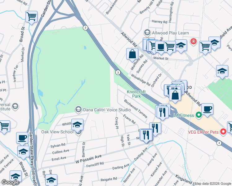 map of restaurants, bars, coffee shops, grocery stores, and more near 168 Knollwood Terrace in Clifton
