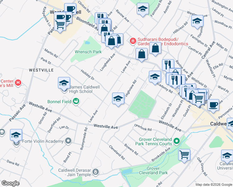 map of restaurants, bars, coffee shops, grocery stores, and more near 48 Park Terrace North in Caldwell