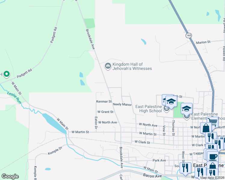 map of restaurants, bars, coffee shops, grocery stores, and more near 600 Brookdale Avenue in East Palestine