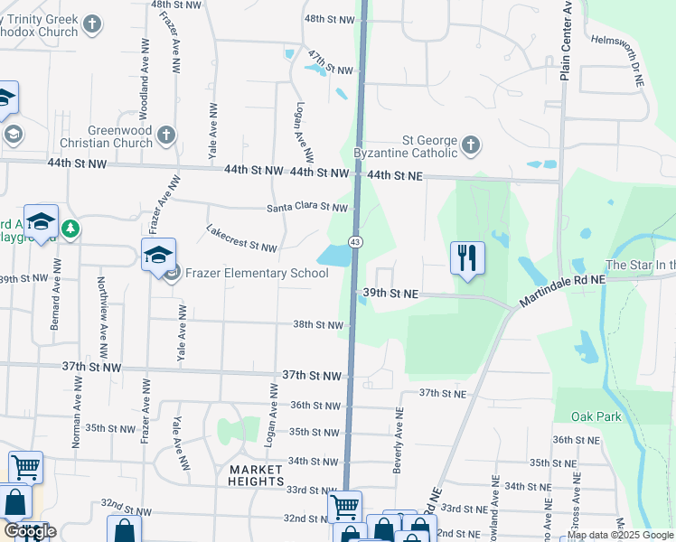 map of restaurants, bars, coffee shops, grocery stores, and more near 3939 Market Avenue North in Canton