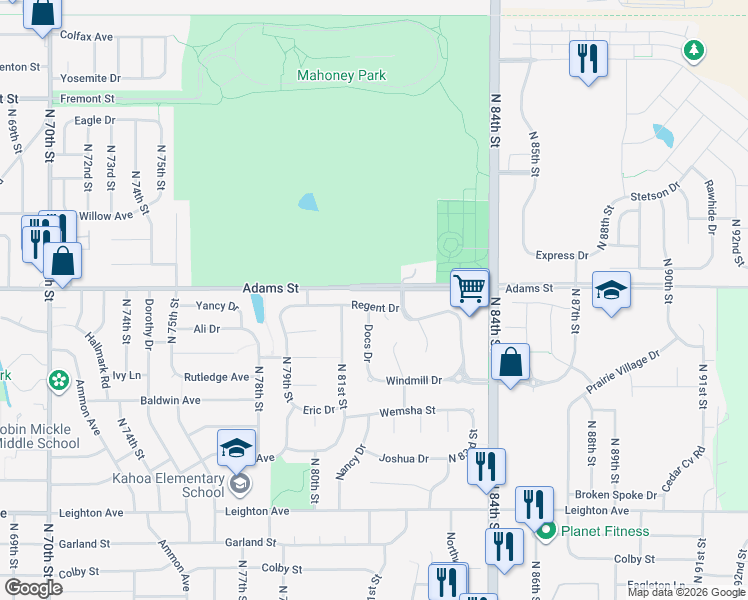 map of restaurants, bars, coffee shops, grocery stores, and more near 8190 Regent Drive in Lincoln
