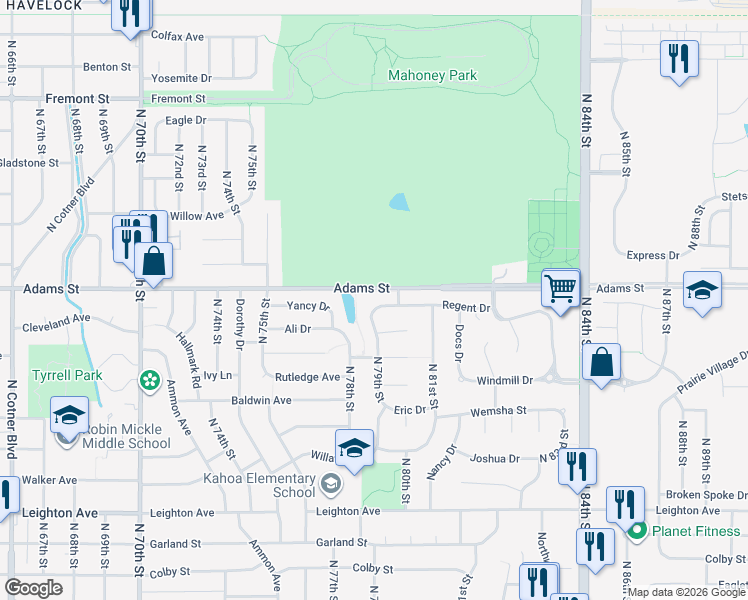 map of restaurants, bars, coffee shops, grocery stores, and more near 7900 Regent Drive in Lincoln