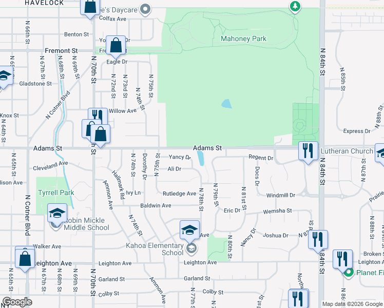 map of restaurants, bars, coffee shops, grocery stores, and more near 7712 Yancy Drive in Lincoln