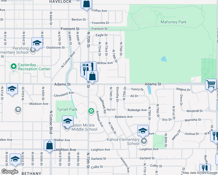 map of restaurants, bars, coffee shops, grocery stores, and more near 2920 North 73rd Street in Lincoln