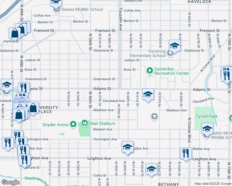 map of restaurants, bars, coffee shops, grocery stores, and more near 2939 North 59th Street in Lincoln