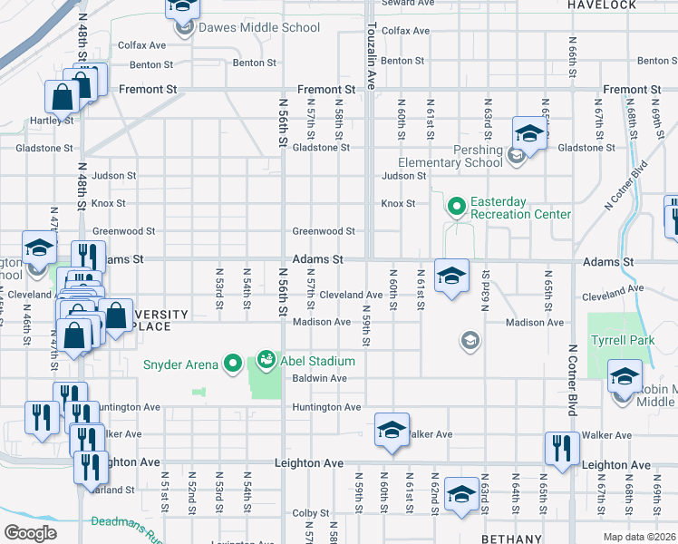 map of restaurants, bars, coffee shops, grocery stores, and more near 2933 North 58th Street in Lincoln