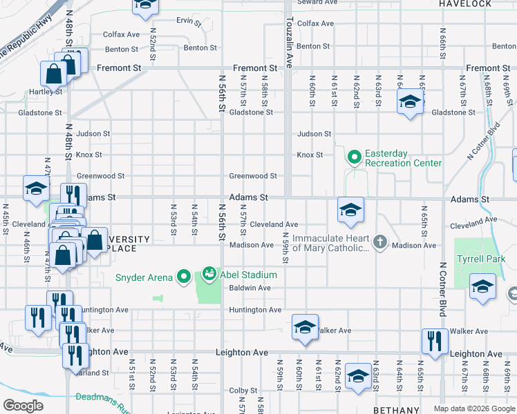 map of restaurants, bars, coffee shops, grocery stores, and more near 2933 North 58th Street in Lincoln
