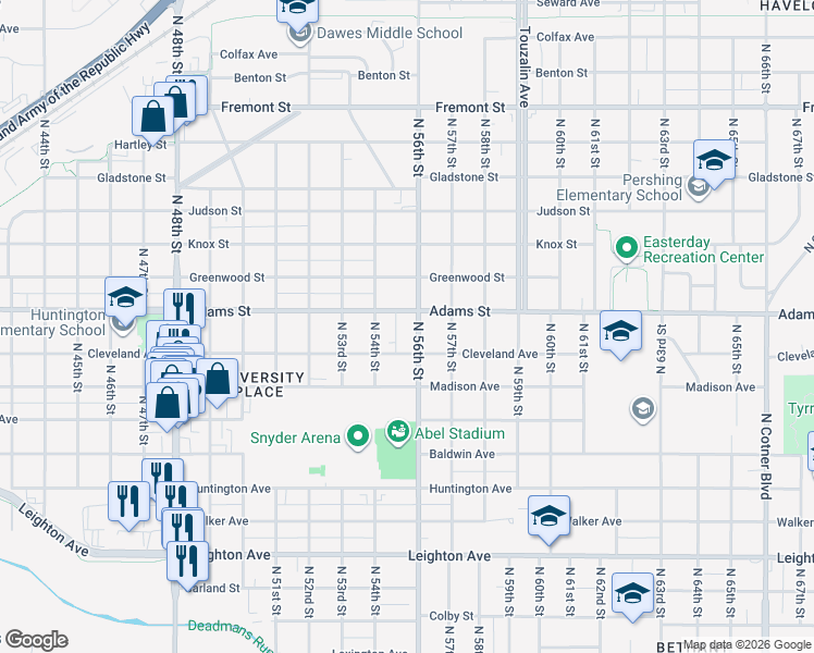 map of restaurants, bars, coffee shops, grocery stores, and more near 2920 North 54th Street in Lincoln