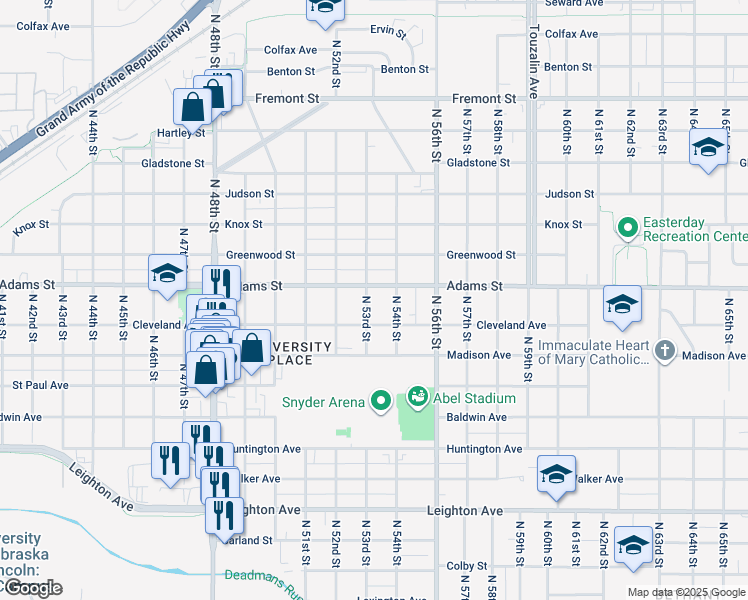map of restaurants, bars, coffee shops, grocery stores, and more near 2936 North 53rd Street in Lincoln