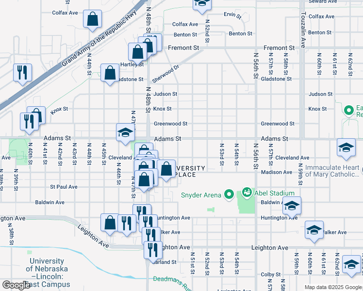 map of restaurants, bars, coffee shops, grocery stores, and more near 2932 North 50th Street in Lincoln