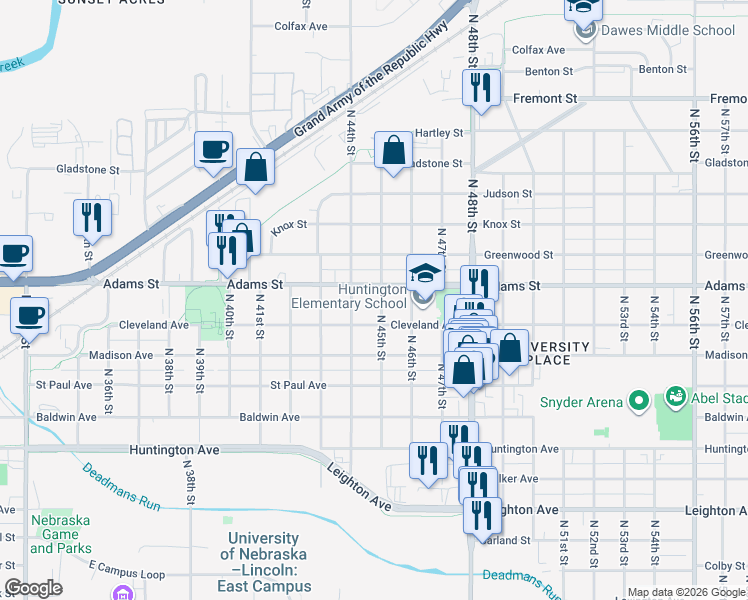 map of restaurants, bars, coffee shops, grocery stores, and more near 2938 North 44th Street in Lincoln