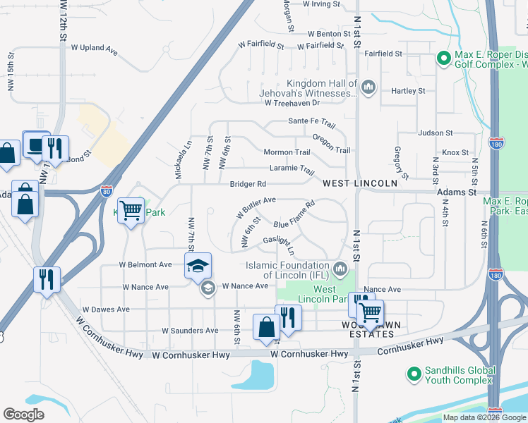 map of restaurants, bars, coffee shops, grocery stores, and more near 442 Blue Flame Road in Lincoln