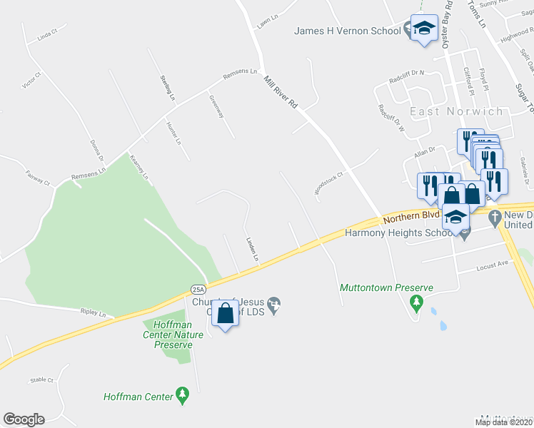 map of restaurants, bars, coffee shops, grocery stores, and more near 6193 Northern Boulevard in East Norwich