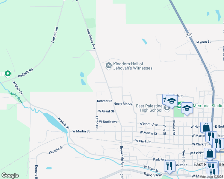 map of restaurants, bars, coffee shops, grocery stores, and more near 600 Brookdale Avenue in East Palestine