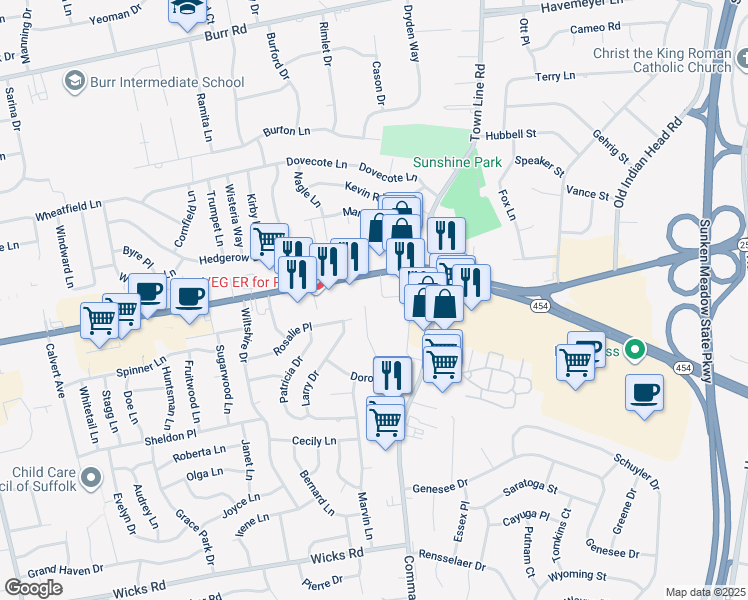 map of restaurants, bars, coffee shops, grocery stores, and more near 20 Rachel Avenue in Commack