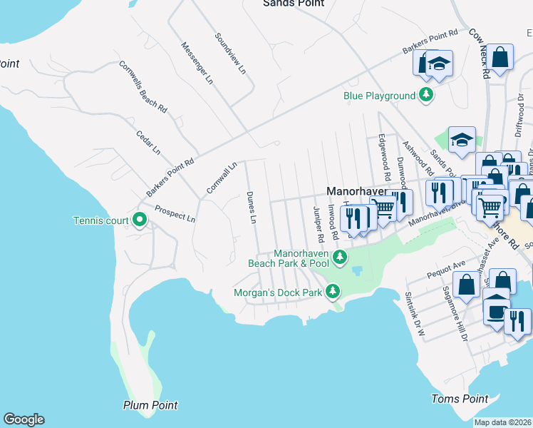 map of restaurants, bars, coffee shops, grocery stores, and more near 19 Marwood Road North in Port Washington