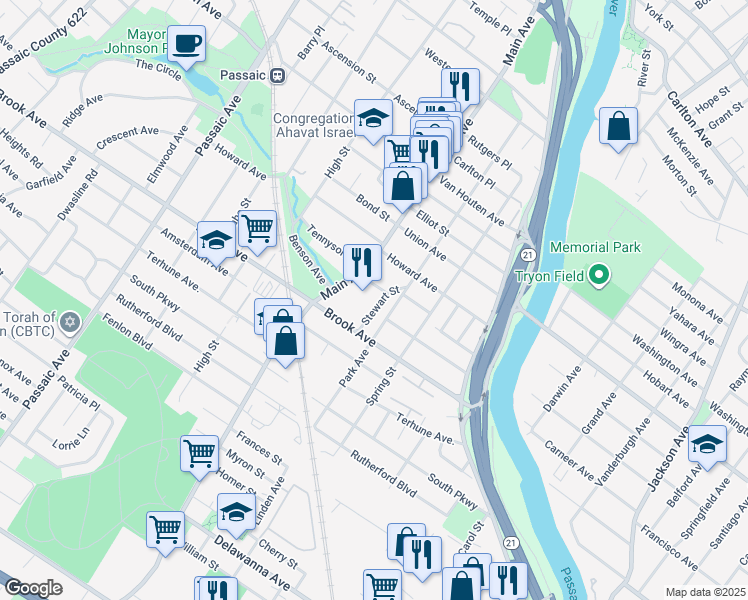 map of restaurants, bars, coffee shops, grocery stores, and more near 34 Stewart Street in Passaic