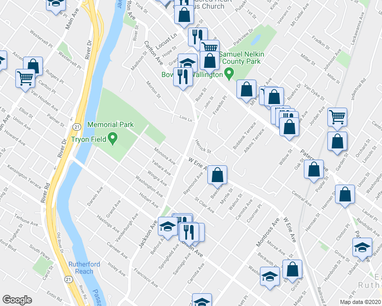 map of restaurants, bars, coffee shops, grocery stores, and more near 10B Triumph Court in East Rutherford