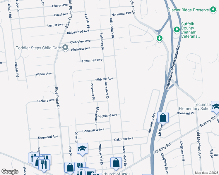 map of restaurants, bars, coffee shops, grocery stores, and more near 111 Berkshire Drive in Farmingville