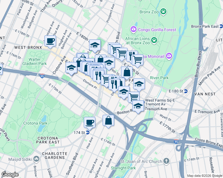 map of restaurants, bars, coffee shops, grocery stores, and more near 919 East Tremont Avenue in Bronx