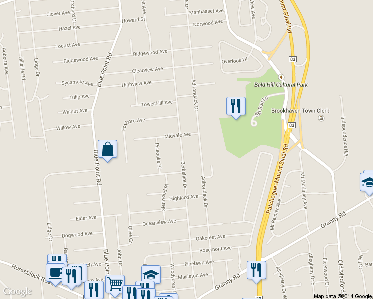 map of restaurants, bars, coffee shops, grocery stores, and more near 111 Berkshire Drive in Farmingville