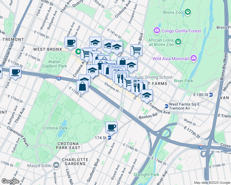 map of restaurants, bars, coffee shops, grocery stores, and more near 867 Fairmount Place in The Bronx