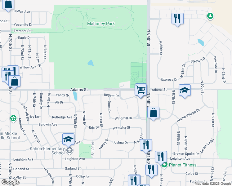 map of restaurants, bars, coffee shops, grocery stores, and more near 8190 Regent Drive in Lincoln