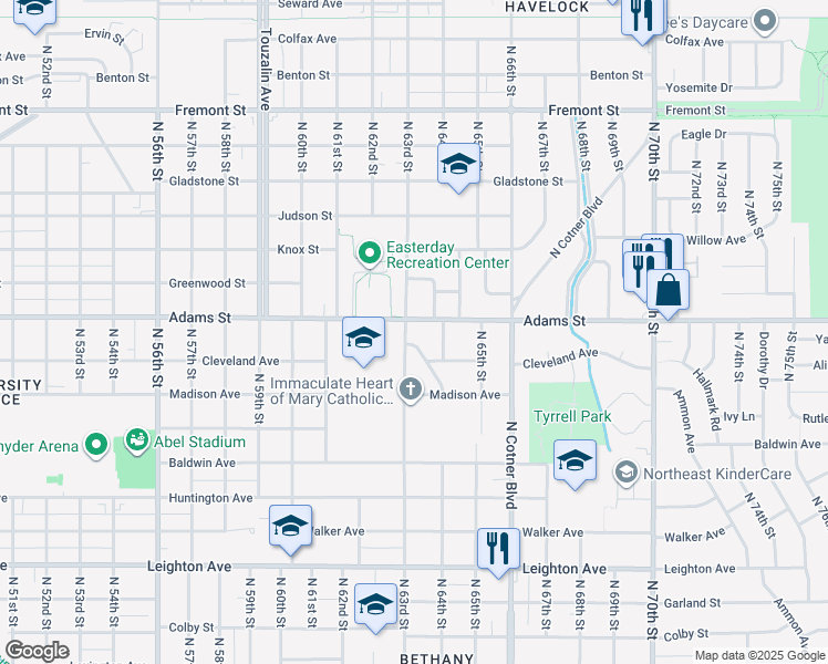 map of restaurants, bars, coffee shops, grocery stores, and more near 2930 North 63rd Street in Lincoln