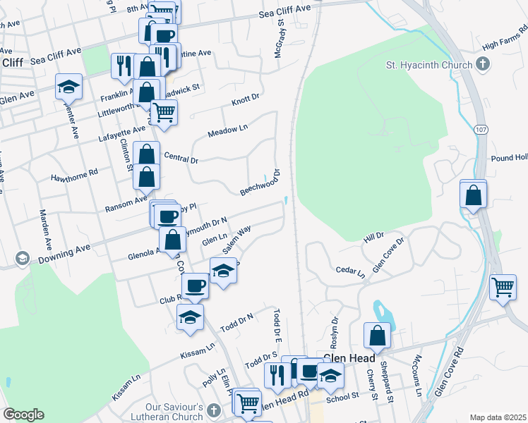 map of restaurants, bars, coffee shops, grocery stores, and more near 76 Plymouth Drive North in Glen Head