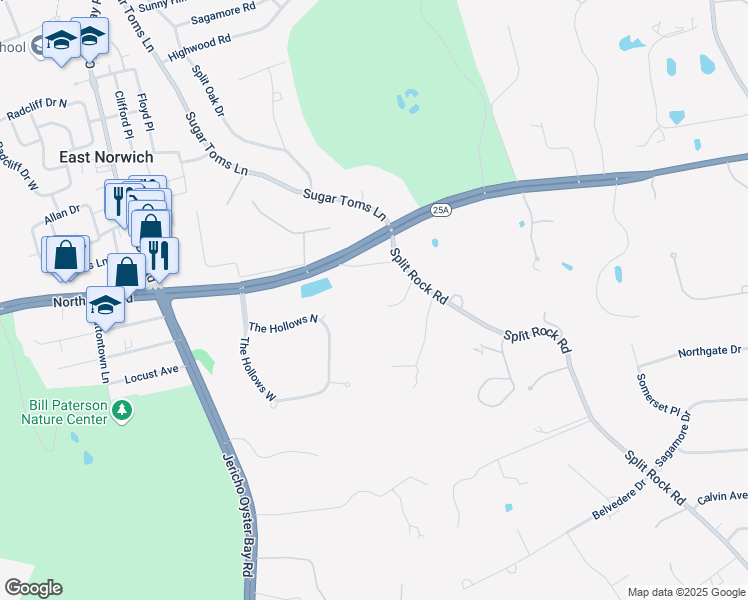 map of restaurants, bars, coffee shops, grocery stores, and more near 571 Split Rock Road in Syosset