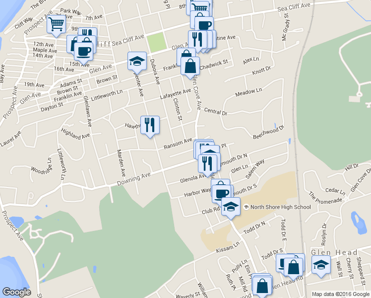 map of restaurants, bars, coffee shops, grocery stores, and more near 10 Leonard Place in Sea Cliff