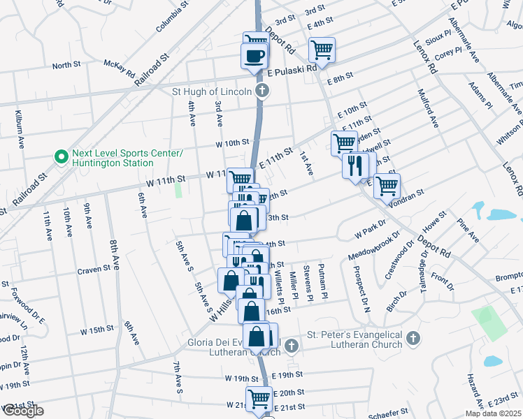 map of restaurants, bars, coffee shops, grocery stores, and more near 1650 New York Avenue in Huntington Station