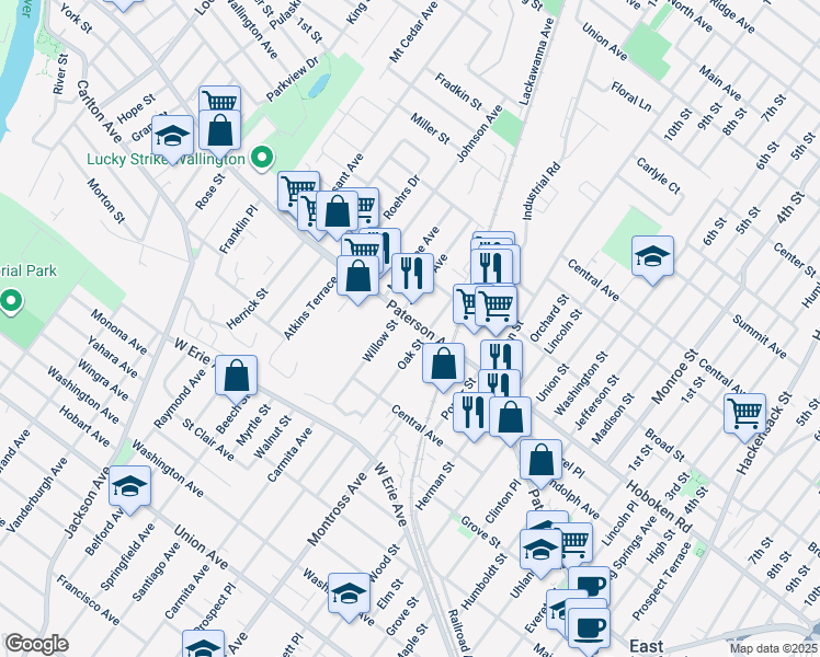 map of restaurants, bars, coffee shops, grocery stores, and more near 536 Paterson Avenue in East Rutherford