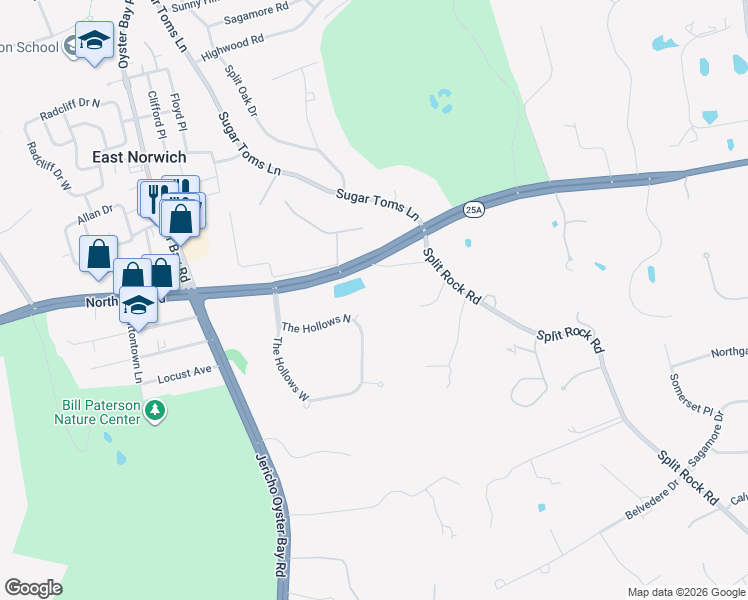 map of restaurants, bars, coffee shops, grocery stores, and more near 34 North Hollow Court in East Norwich