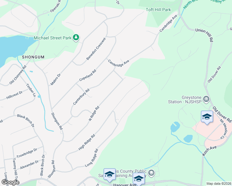 map of restaurants, bars, coffee shops, grocery stores, and more near 34 N Ridge Rd in Denville