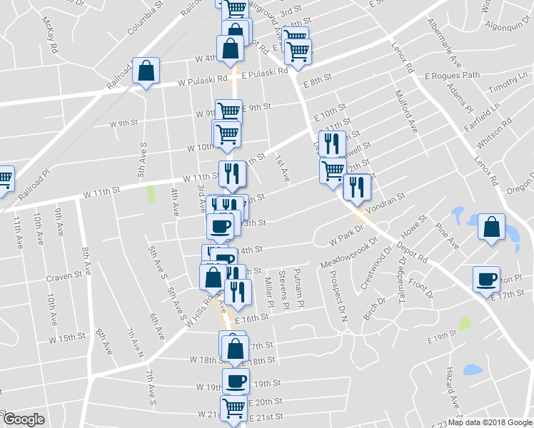 map of restaurants, bars, coffee shops, grocery stores, and more near 24 East 13th Street in Huntington Station
