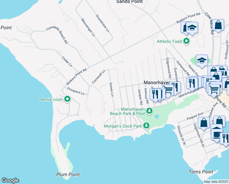 map of restaurants, bars, coffee shops, grocery stores, and more near 19 Marwood Road North in Port Washington