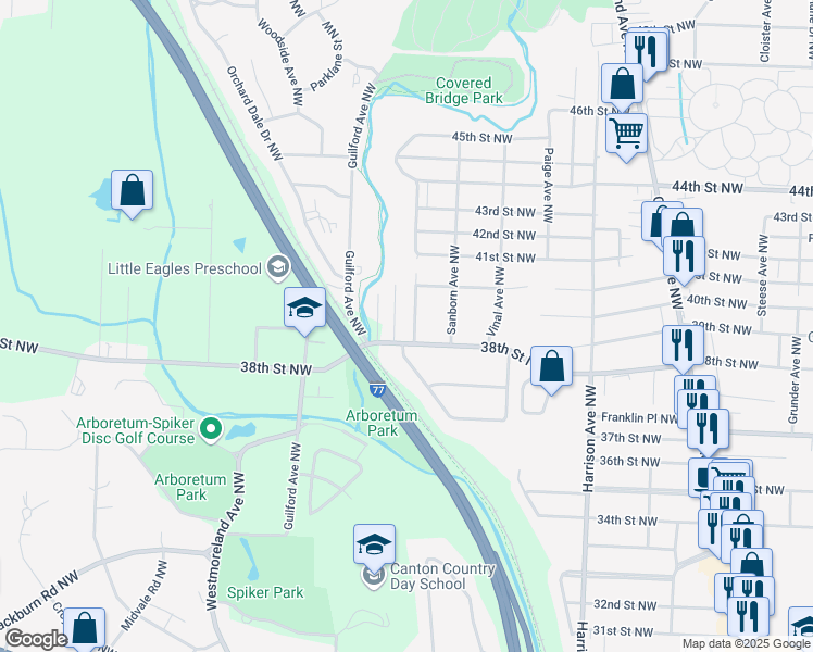 map of restaurants, bars, coffee shops, grocery stores, and more near 3817 Kingman Avenue Northwest in Canton
