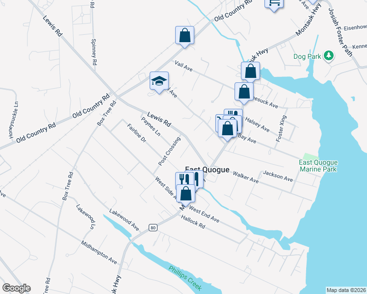 map of restaurants, bars, coffee shops, grocery stores, and more near 4 Mitchell Place in East Quogue