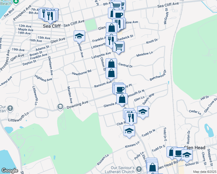 map of restaurants, bars, coffee shops, grocery stores, and more near 10 Leonard Place in Sea Cliff